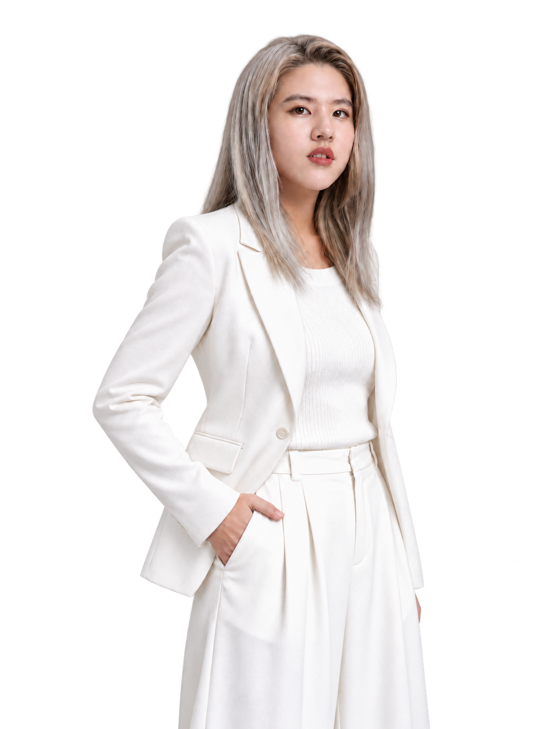 Kylie Wei, founder of Yourity, in a white suit
